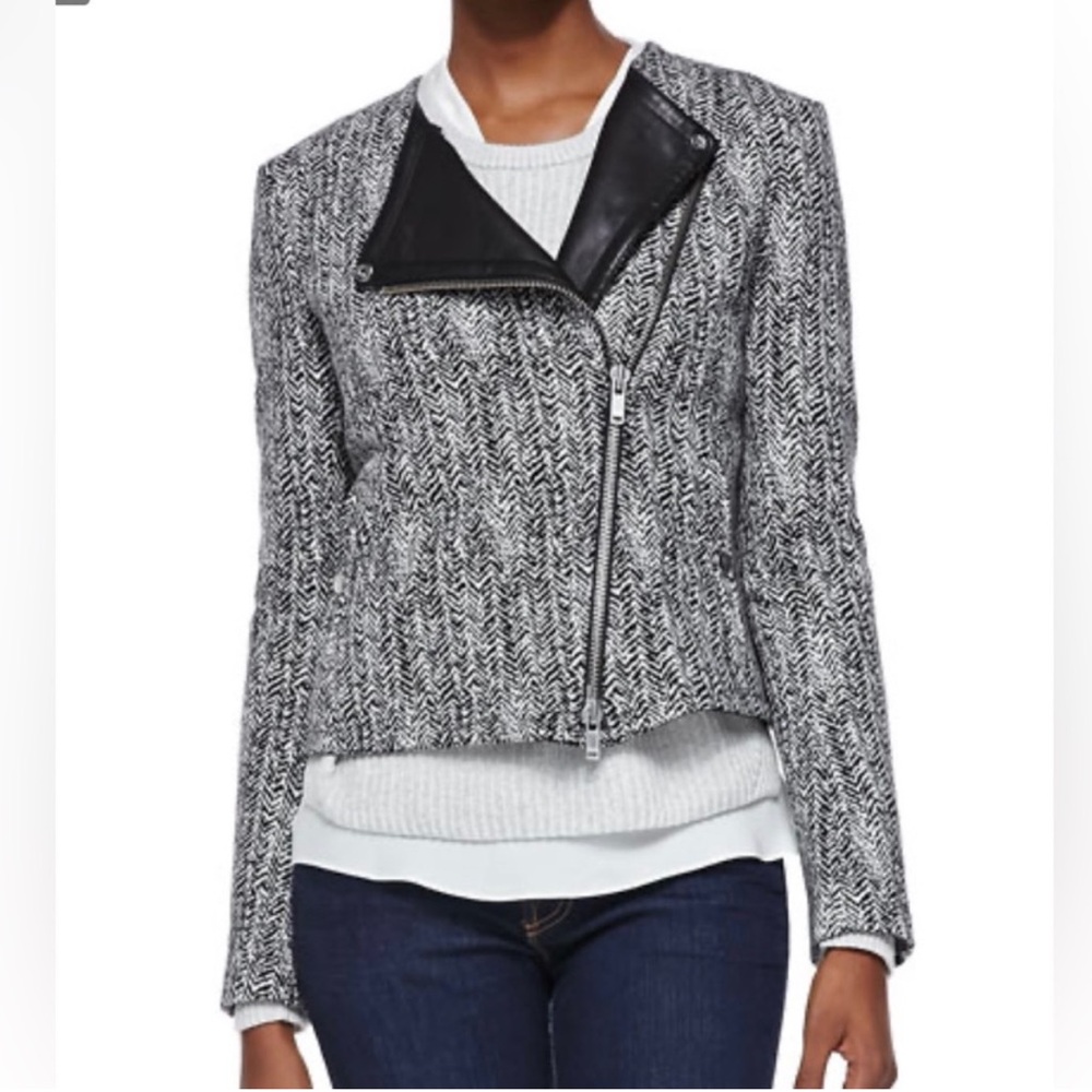 Theory Joean Black White Herringbone Leather Jacket